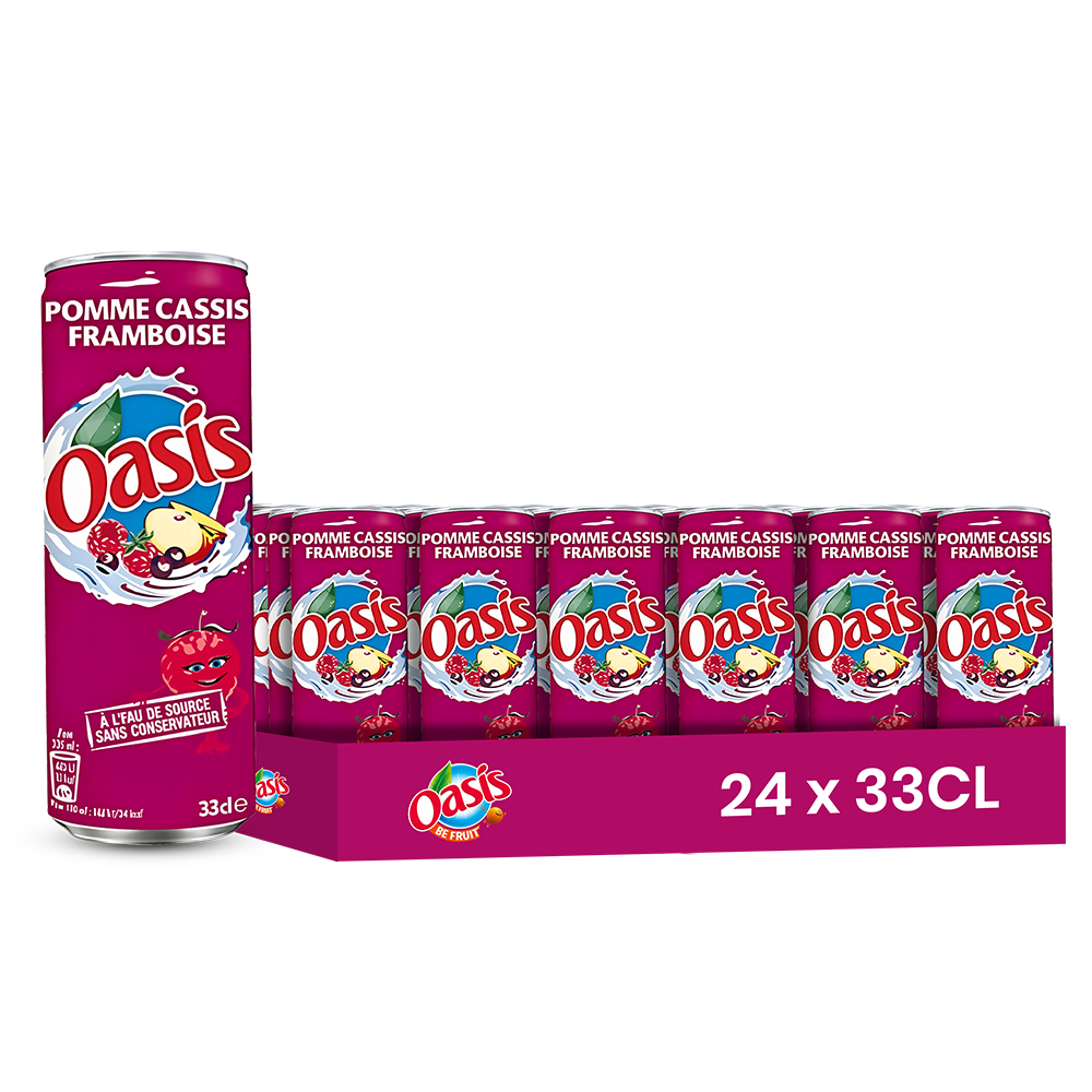 Oasis Pomme Cassis Framboise – Pack de 24 Canettes (24 x 33cl) | Boisson Sans Bulles Fruitée
