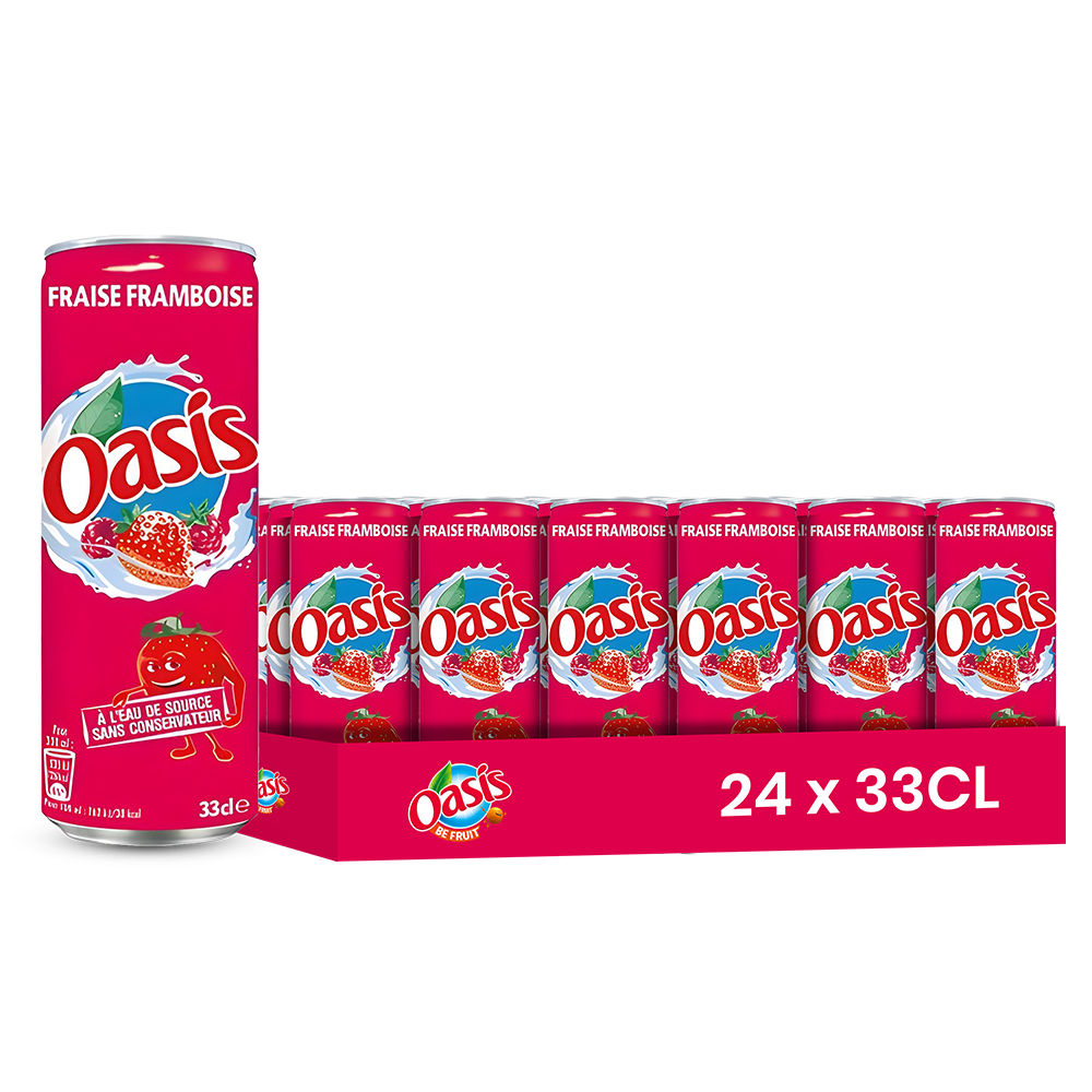 Oasis Fraise Framboise – Pack de 24 Canettes (24 x 33cl) | Boisson aux Fruits Rouges